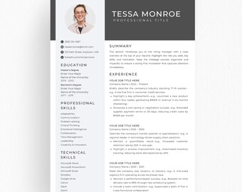Modern Resume with Photo, Professional Resume Template Canva Word PowerPoint, Clean Simple CV, Editable File