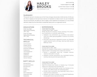 Modern Resume Template with Photo, Canva Word PowerPoint CV (Digital Download)
