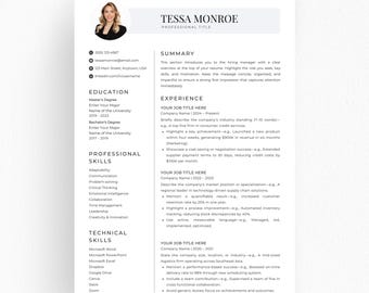Professional Resume Template with Photo, Modern Resume Canva Word PowerPoint, Minimal Clean CV, Instant Download