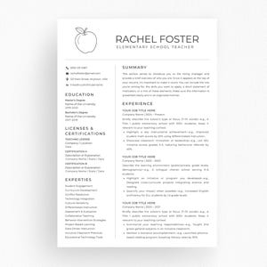May include: A professional resume template for an elementary school teacher, featuring a clean layout with sections for education, experience, and certifications. The resume includes an apple graphic and contact information.