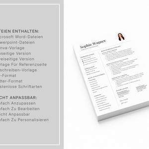 May include: A stack of white resume templates with the name "Sophie Wagner" printed at the top. The resume includes sections for personal information, languages, and qualifications. Text on the left side lists file formats and customization options.