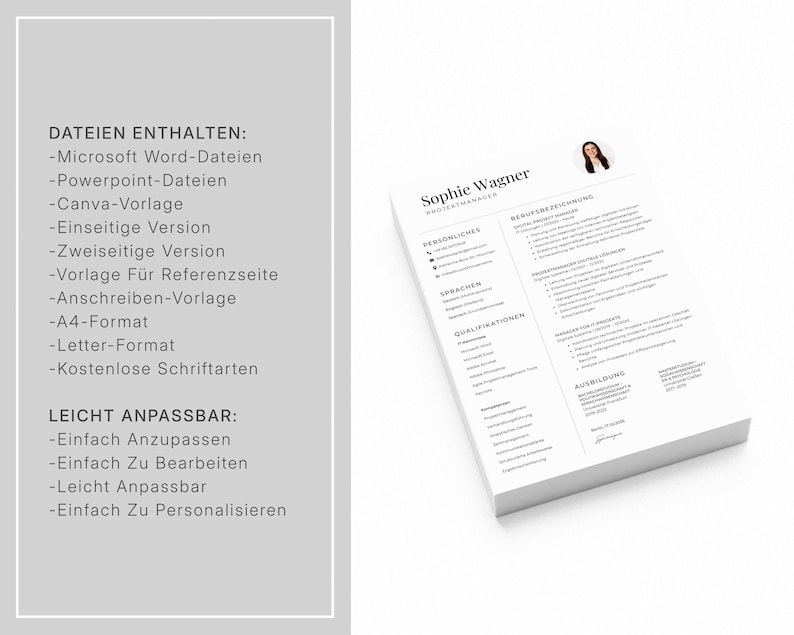 May include: A stack of white resume templates with the name "Sophie Wagner" printed at the top. The resume includes sections for personal information, languages, and qualifications. Text on the left side lists file formats and customization options.