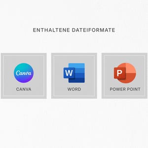 May include: Image featuring three square icons with the text "ENTHALTENE DATEIFORMATE" at the top. The icons represent Canva, Word, and Power Point, each with their respective logos and names displayed below. The background is a light, textured gray.
