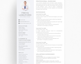 Modern Nursing Resume Template, Registered Nurse CV RN CNA, Canva Word PowerPoint, Editable Nurse Resume Download