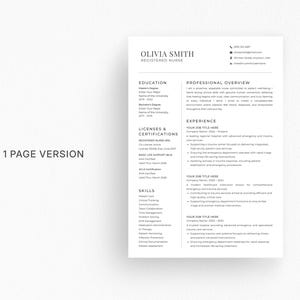 May include: A clean, minimalist resume template for a Registered Nurse, featuring a professional layout with sections for education, licenses, skills, and experience. The text "1 PAGE VERSION" is visible.