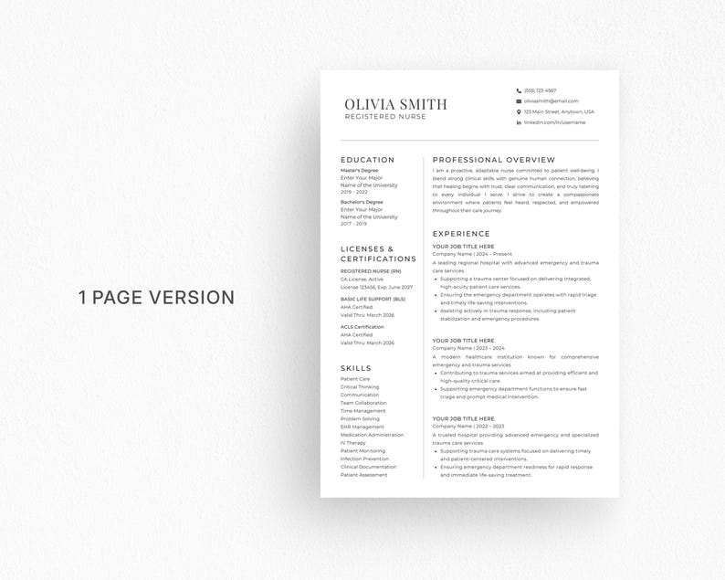 May include: A clean, minimalist resume template for a Registered Nurse, featuring a professional layout with sections for education, licenses, skills, and experience. The text "1 PAGE VERSION" is visible.