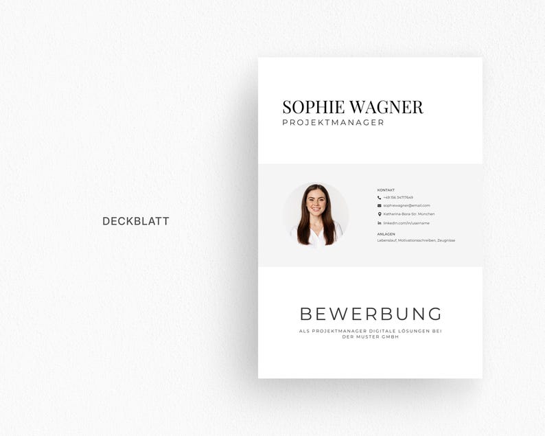 May include: A minimalist resume template with the name "SOPHIE WAGNER" at the top, followed by "PROJEKTMANAGER". A headshot is in the center, with contact information and the word "BEWERBUNG" at the bottom. The document is primarily white with black text.