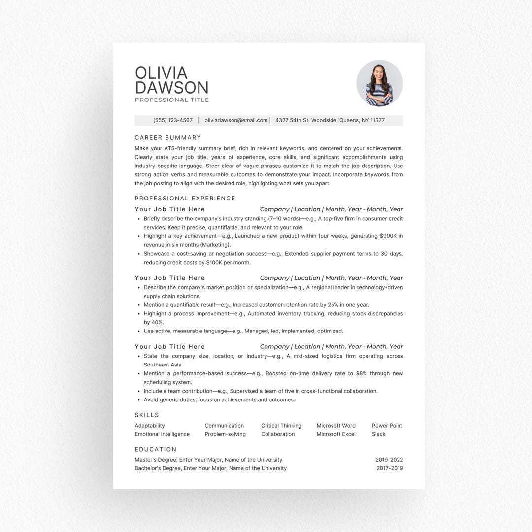 Minimalist ATS Resume Template Canva, Word & Powerpoint | Professional ...