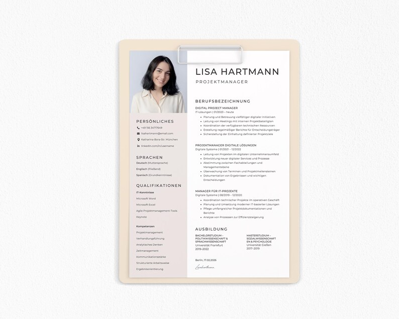 May include: A resume on a clipboard featuring a headshot of a woman and the name "Lisa Hartmann." The document includes sections for personal information, languages, qualifications, and education. The text is in black font on a light beige background.