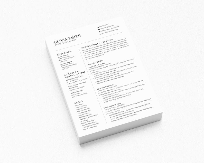 May include: A stack of white paper resumes with the name "Olivia Smith, Registered Nurse" at the top. The resume includes sections for education, licenses, skills, and experience. The text is in black font.