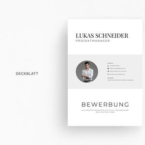Op de afbeelding: Een professionele cv-sjabloon met de naam "Lukas Schneider" en de titel "Projektmanager" bovenaan. Het cv bevat een foto, contactgegevens en het woord "Bewerbung" onderaan.