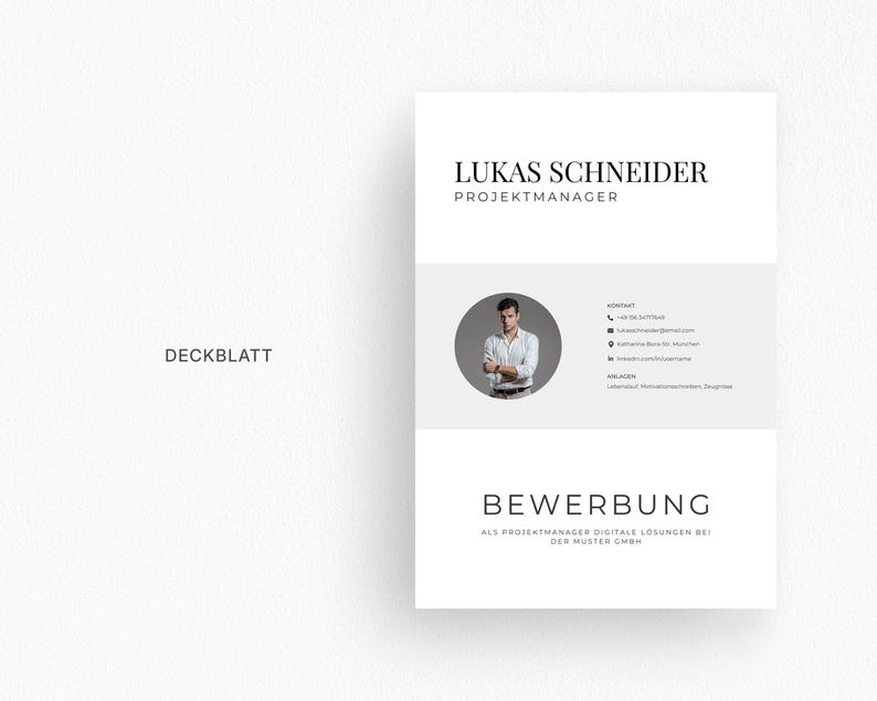 Op de afbeelding: Een professionele cv-sjabloon met de naam "Lukas Schneider" en de titel "Projektmanager" bovenaan. Het cv bevat een foto, contactgegevens en het woord "Bewerbung" onderaan.