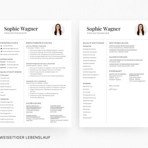 May include: A two-page resume template in black and white, featuring the name "Sophie Wagner" and the title "Projektmanager" at the top. The resume includes sections for personal details, qualifications, and work experience. The text "ZWEISEITIGER LEBENSLAUF" is at the bottom.