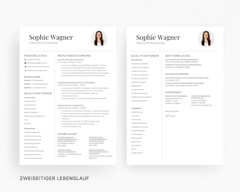 May include: A two-page resume template in black and white, featuring the name "Sophie Wagner" and the title "Projektmanager" at the top. The resume includes sections for personal details, qualifications, and work experience. The text "ZWEISEITIGER LEBENSLAUF" is at the bottom.