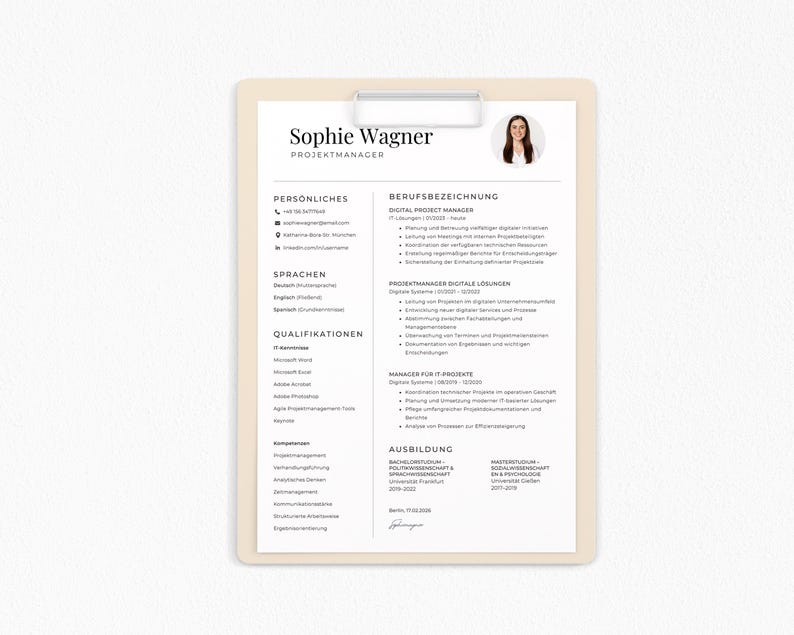 May include: A resume on a clipboard with the name "Sophie Wagner" at the top. The resume includes sections for personal information, languages, qualifications, and work experience. A photo of a woman is in the upper right corner.