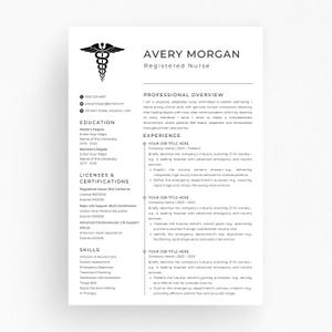 May include: A professional resume for Avery Morgan, a Registered Nurse. The document includes contact information, education, licenses, certifications, skills, professional overview, and work experience. The resume is in black and white.