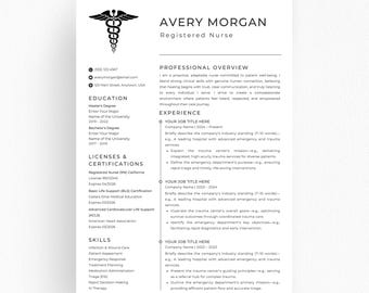 May include: A professional resume for Avery Morgan, a Registered Nurse. The document includes contact information, education, licenses, certifications, skills, professional overview, and work experience. The resume is in black and white.