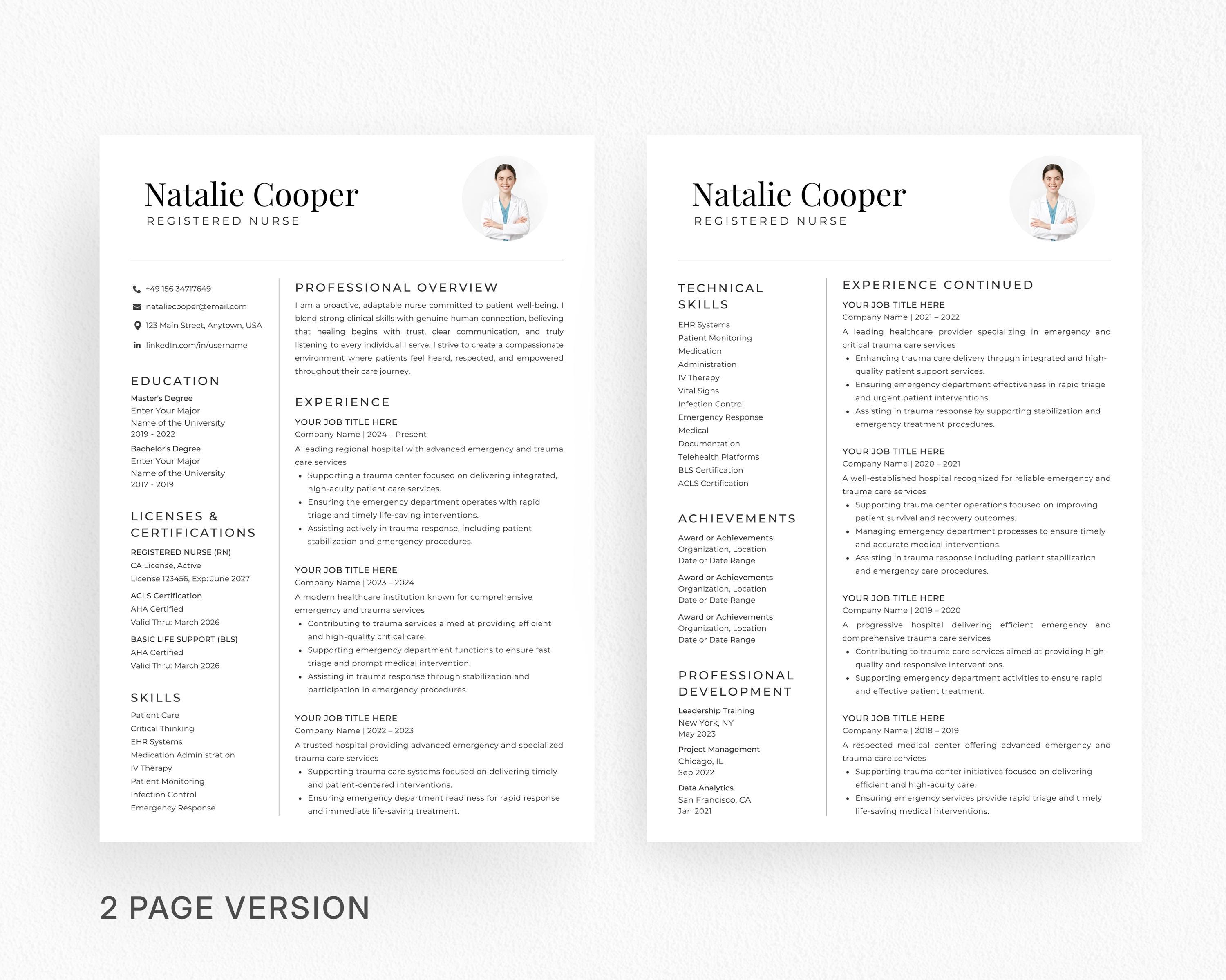 Usrn Cv Example Professional Nurse Resume Template, Registered Nurse RN CV, CNA Resume ...