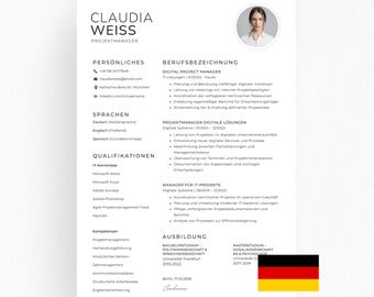 Lebenslauf Vorlage mit Foto Modern, Canva Word PowerPoint, Professioneller Deutscher CV, Bewerbung Design, Sofortiger Download