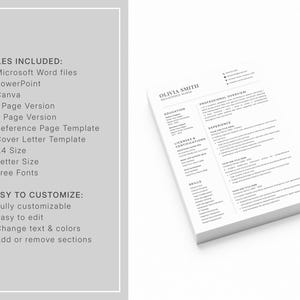 May include: A stack of white resume templates with the name "OLIVIA SMITH" at the top. The resume includes sections for education, licenses, experience, and skills. Text on the left side lists included files and customization options, such as Microsoft Word files and easy editing.
