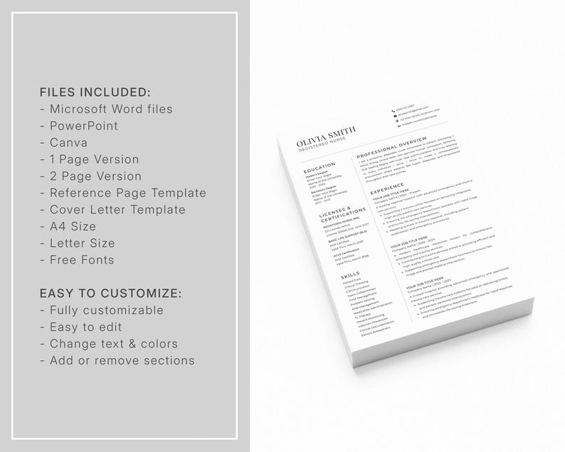 May include: A stack of white resume templates with the name "OLIVIA SMITH" at the top. The resume includes sections for education, licenses, experience, and skills. Text on the left side lists included files and customization options, such as Microsoft Word files and easy editing.