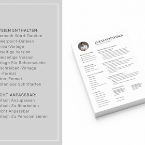 Op de afbeelding: Een stapel witte cv-sjablonen met de naam "Lukas Schneider" bovenaan. Het cv bevat secties voor persoonlijke informatie, vaardigheden en opleiding. Tekst aan de linkerkant geeft bestandsformaten en aanpassingsopties weer.