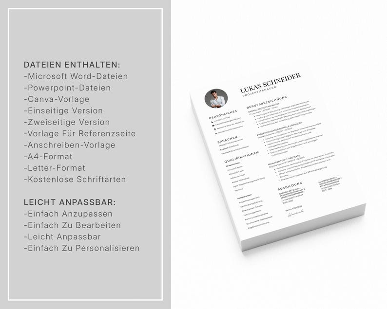 Op de afbeelding: Een stapel witte cv-sjablonen met de naam "Lukas Schneider" bovenaan. Het cv bevat secties voor persoonlijke informatie, vaardigheden en opleiding. Tekst aan de linkerkant geeft bestandsformaten en aanpassingsopties weer.