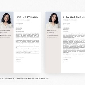 May include: Two-page resume template with a headshot of a smiling person. The resume is titled "LISA HARTMANN" and lists contact information and professional experience. The text "ANSCHREIBEN UND MOTIVATIONSSCHREIBEN" is at the bottom.