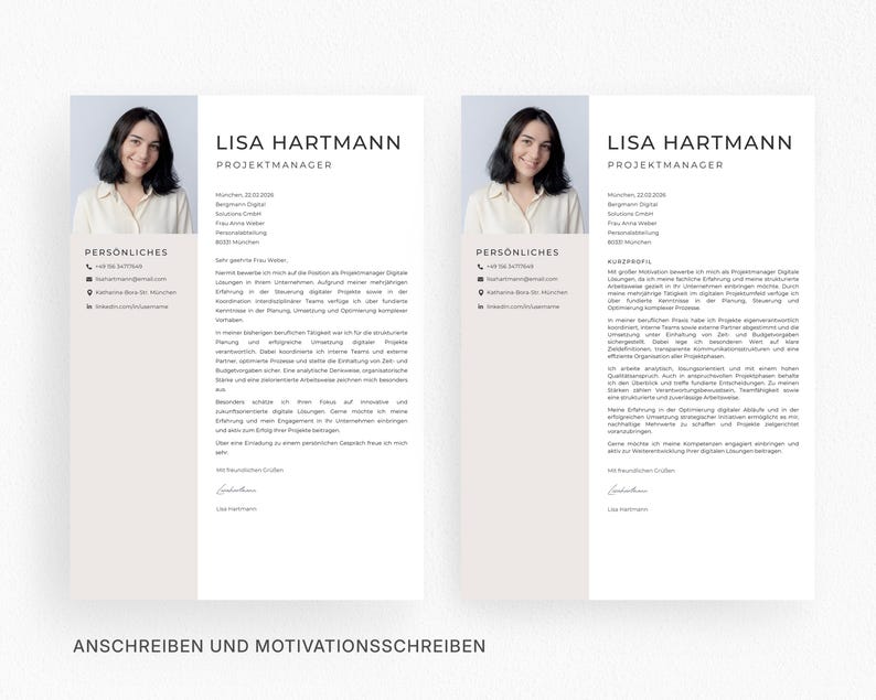 May include: Two-page resume template with a headshot of a smiling person. The resume is titled "LISA HARTMANN" and lists contact information and professional experience. The text "ANSCHREIBEN UND MOTIVATIONSSCHREIBEN" is at the bottom.