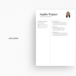 May include: A minimalist resume template with the name "Sophie Wagner" and the title "Projektmanager" at the top. The resume includes sections for personal details, work experience, education, and further training. A small headshot is in the upper right corner.