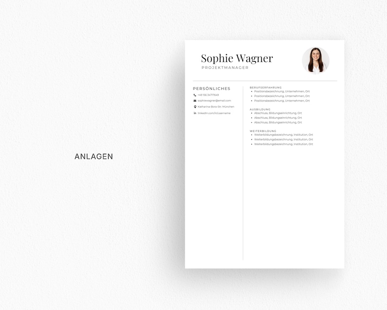 May include: A minimalist resume template with the name "Sophie Wagner" and the title "Projektmanager" at the top. The resume includes sections for personal details, work experience, education, and further training. A small headshot is in the upper right corner.