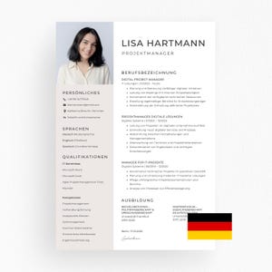 May include: A professional resume featuring a headshot of a woman, Lisa Hartmann, with her contact information and work experience as a Digital Project Manager. The resume is in a clean, modern layout with sections for skills and education.
