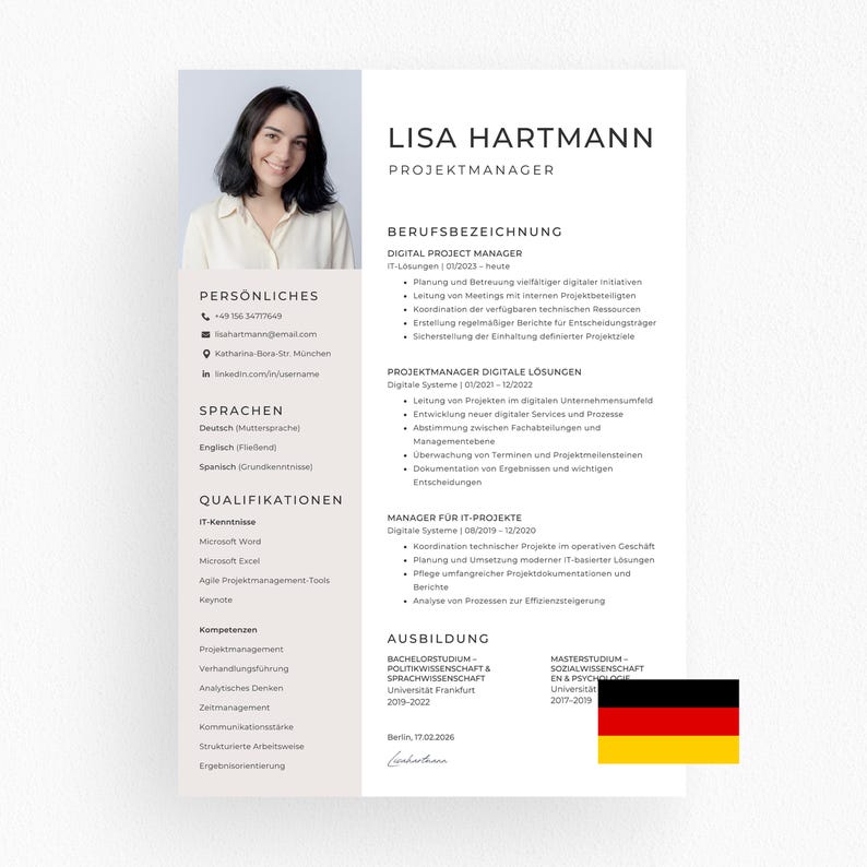 May include: A professional resume featuring a headshot of a woman, Lisa Hartmann, with her contact information and work experience as a Digital Project Manager. The resume is in a clean, modern layout with sections for skills and education.