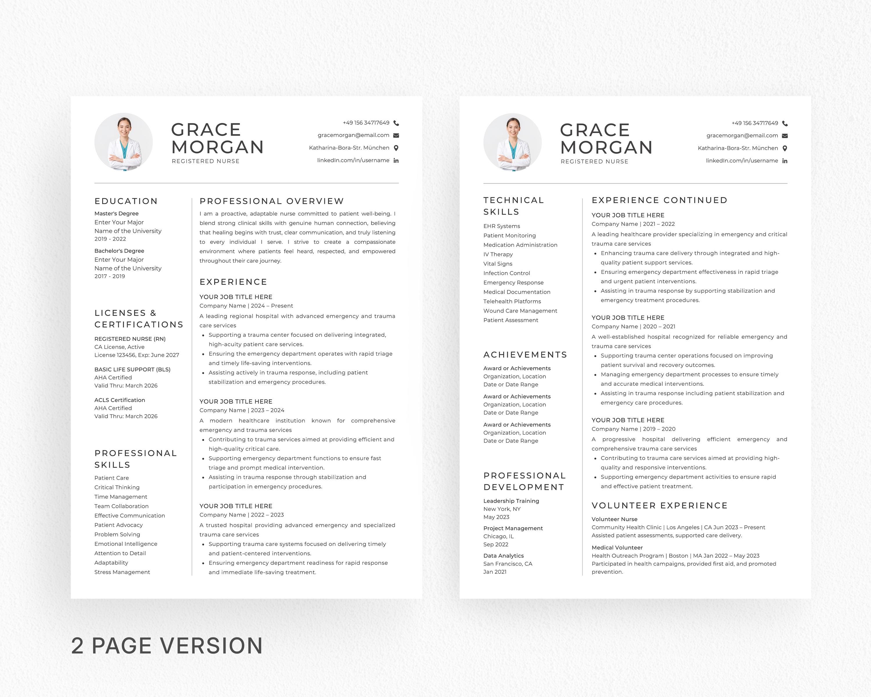 Nurse Resume Template Canva Word Powerpoint, RN CNA CV, New Grad ...