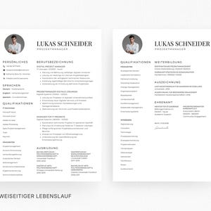 Op de afbeelding: Een tweedelige cv in zwart en wit, met de naam "Lukas Schneider" en de titel "Projektmanager". De cv bevat secties voor persoonlijke gegevens, professionele ervaring, kwalificaties en opleiding. De onderkant van de pagina luidt "ZWEISEITIGER LEBENSLAUF."
