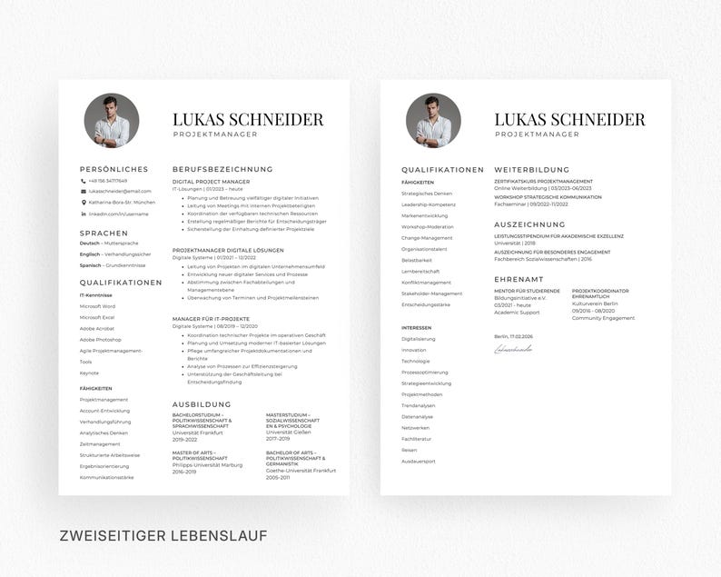 Op de afbeelding: Een tweedelige cv in zwart en wit, met de naam "Lukas Schneider" en de titel "Projektmanager". De cv bevat secties voor persoonlijke gegevens, professionele ervaring, kwalificaties en opleiding. De onderkant van de pagina luidt "ZWEISEITIGER LEBENSLAUF."