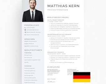 Moderner Lebenslauf mit Foto Vorlage, Canva, Word, PowerPoint, Professionelle Bewerbung Deutsch, Einfach Bearbeitbar