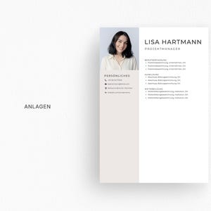 May include: A professional resume template with a headshot of a woman. The resume is titled "Lisa Hartmann, Projektmanager" and includes sections for Berufserfahrung, Ausbildung, and Weiterbildung. The left side has contact information and the word "ANLAGEN".