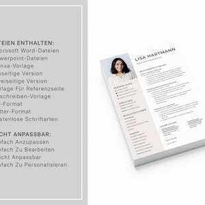 May include: A stack of white resume templates with a professional design. The resume features a photo, personal details, and sections for qualifications and education. Text on the left side lists file formats and customization options.