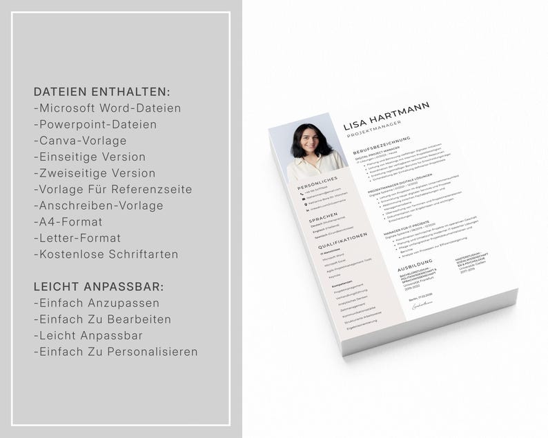May include: A stack of white resume templates with a professional design. The resume features a photo, personal details, and sections for qualifications and education. Text on the left side lists file formats and customization options.