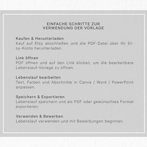 May include: A light gray graphic with white text detailing steps for using a template. The text includes instructions on purchasing, downloading, opening, editing, saving, and using the template. The text is in German.