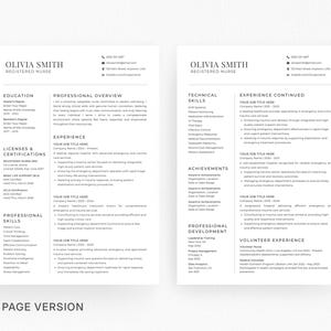 May include: A two-page resume template for a Registered Nurse named Olivia Smith. The resume is in black text on a white background. The resume includes sections for education, licenses, skills, experience, and volunteer work. The text "2 PAGE VERSION" is at the bottom.
