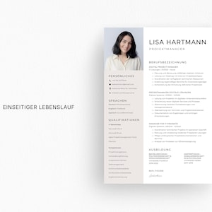 May include: A resume template with a photo of a woman, Lisa Hartmann, and the title "Projektmanager." The resume includes sections for personal information, languages, qualifications, and work experience. The text "EINSEITIGER LEBENSLAUF" is at the bottom.