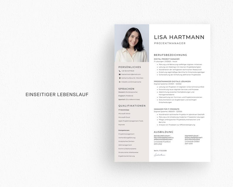 May include: A resume template with a photo of a woman, Lisa Hartmann, and the title "Projektmanager." The resume includes sections for personal information, languages, qualifications, and work experience. The text "EINSEITIGER LEBENSLAUF" is at the bottom.