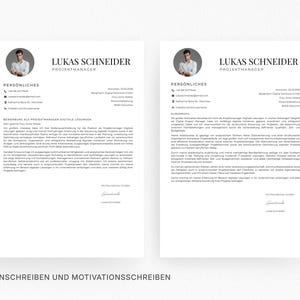 Op de afbeelding: Twee pagina's tellende cv-sjabloon met een professioneel ontwerp. Het cv bevat een foto, contactgegevens en secties voor ervaring en vaardigheden. De tekst is in een duidelijk, gemakkelijk te lezen lettertype, met de naam "Lukas Schneider" bovenaan.