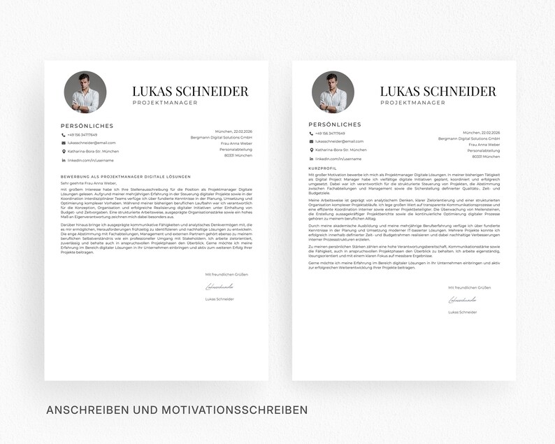 Op de afbeelding: Twee pagina's tellende cv-sjabloon met een professioneel ontwerp. Het cv bevat een foto, contactgegevens en secties voor ervaring en vaardigheden. De tekst is in een duidelijk, gemakkelijk te lezen lettertype, met de naam "Lukas Schneider" bovenaan.