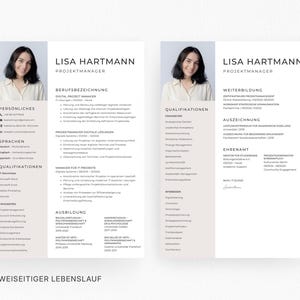 May include: A two-page resume template featuring a headshot of a woman, with sections for personal details, languages, qualifications, and work experience. The text includes the name "LISA HARTMANN" and the title "PROJECT MANAGER". The document is in a minimalist design.