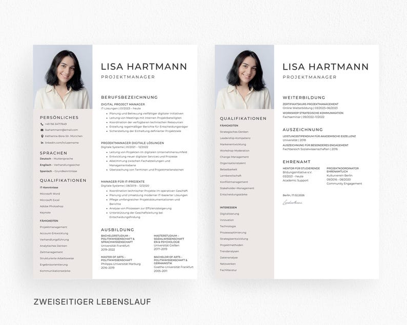 May include: A two-page resume template featuring a headshot of a woman, with sections for personal details, languages, qualifications, and work experience. The text includes the name "LISA HARTMANN" and the title "PROJECT MANAGER". The document is in a minimalist design.