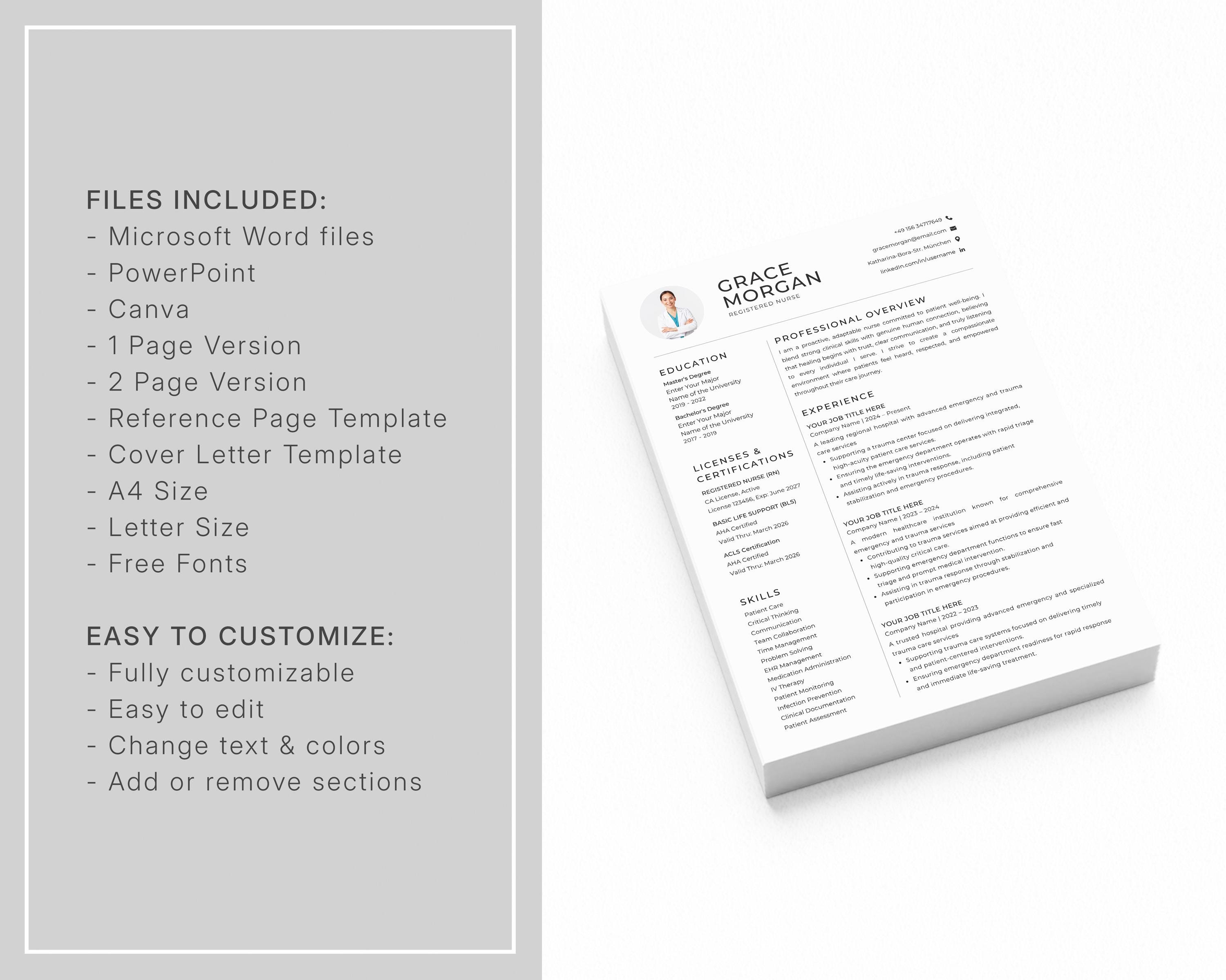 Nurse Resume Template Canva Word Powerpoint, RN CNA CV, New Grad ...