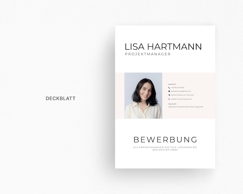 May include: A professional resume template with the name "Lisa Hartmann" and the title "Projektmanager" at the top. The resume includes a photo, contact information, and the word "Bewerbung" at the bottom. The document is primarily white with black text.